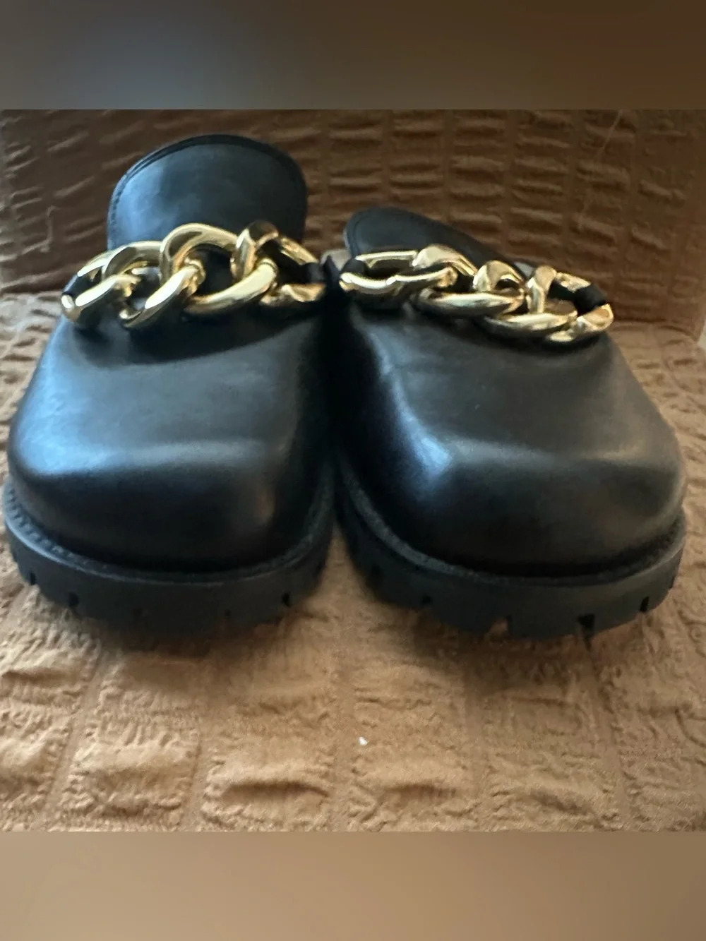 Michael Kors Black Leather Mules with Oversized Gold Chain
